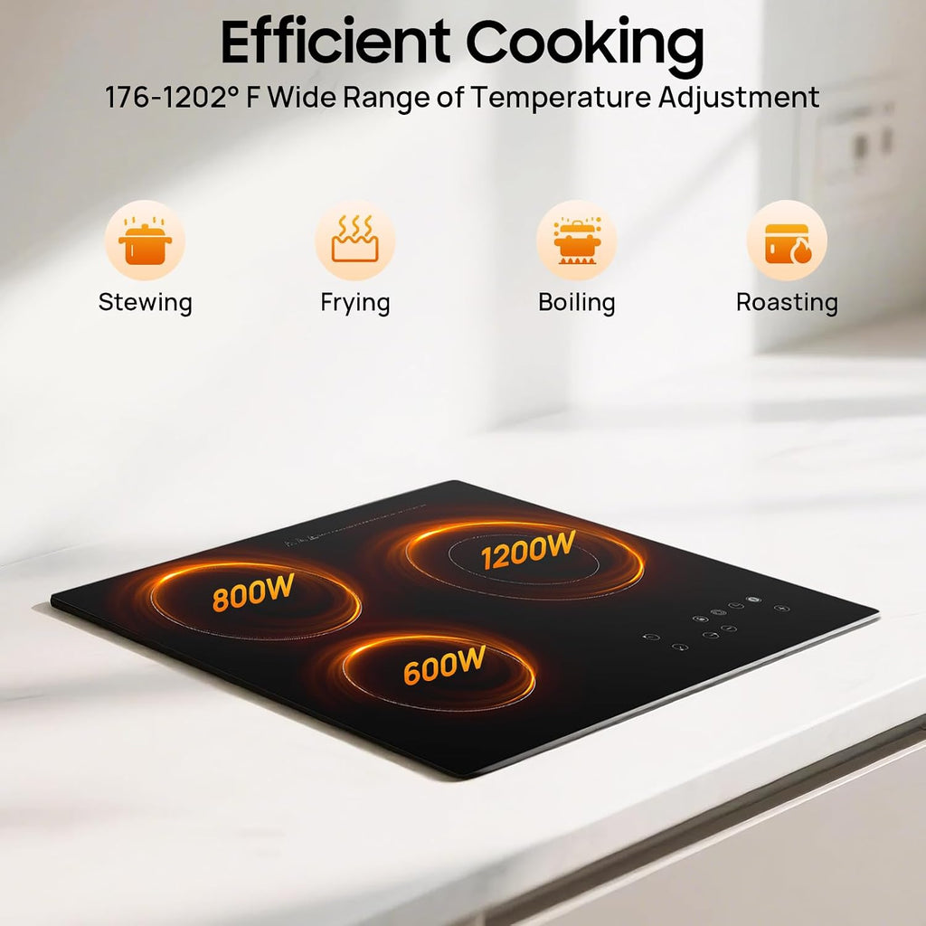 Electric Ceramic Cooktop, 24inch 3 Burners Electric Cooktop with Time Adjustable Function 9 Heating Levels Electric Stove Top