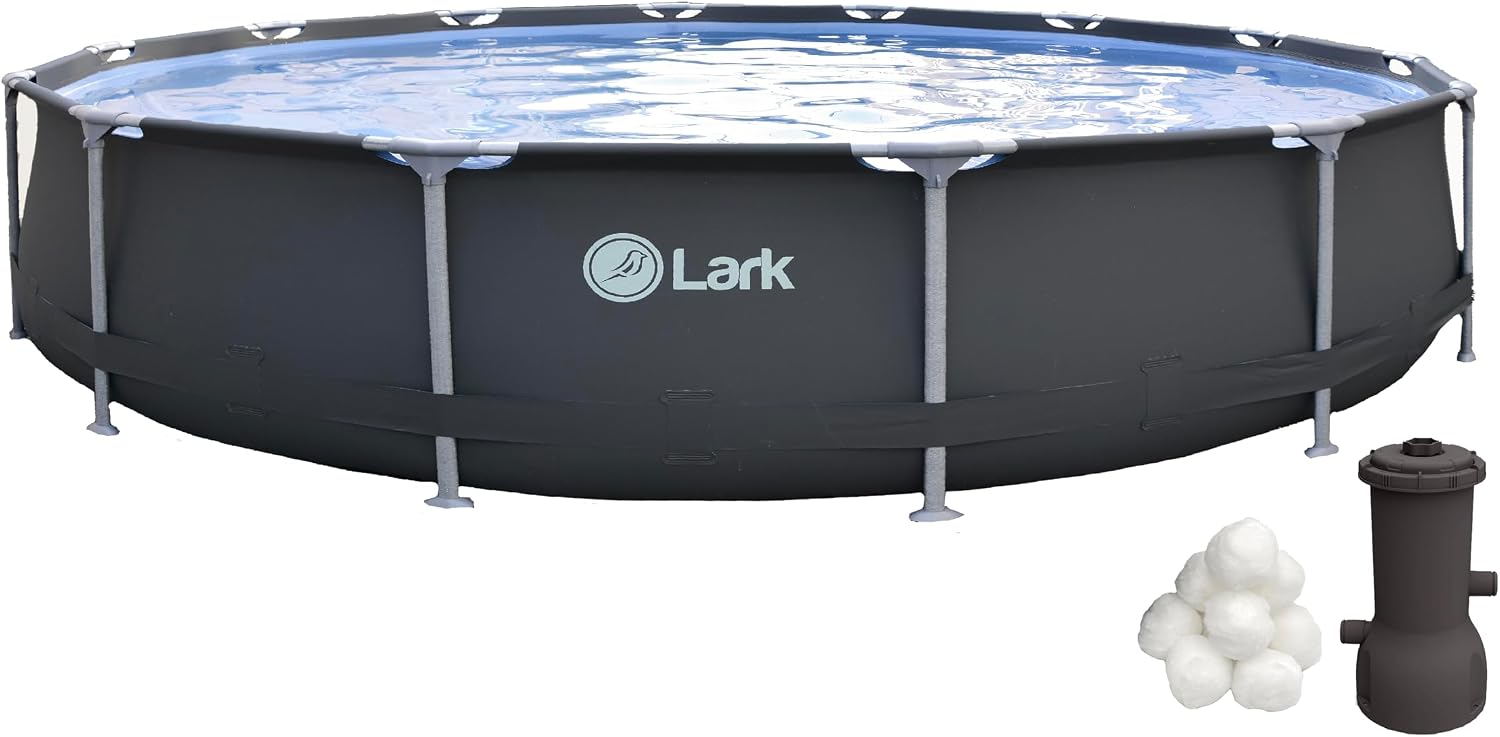 Lark 14 x 33 Graphite Pool with Pool Filter Balls - Rustproof Fiberglass, Snap-in Design, 530-Gallon Filtration Pump, Filterball Technology, Puncture-Resistant 3-Ply PVC