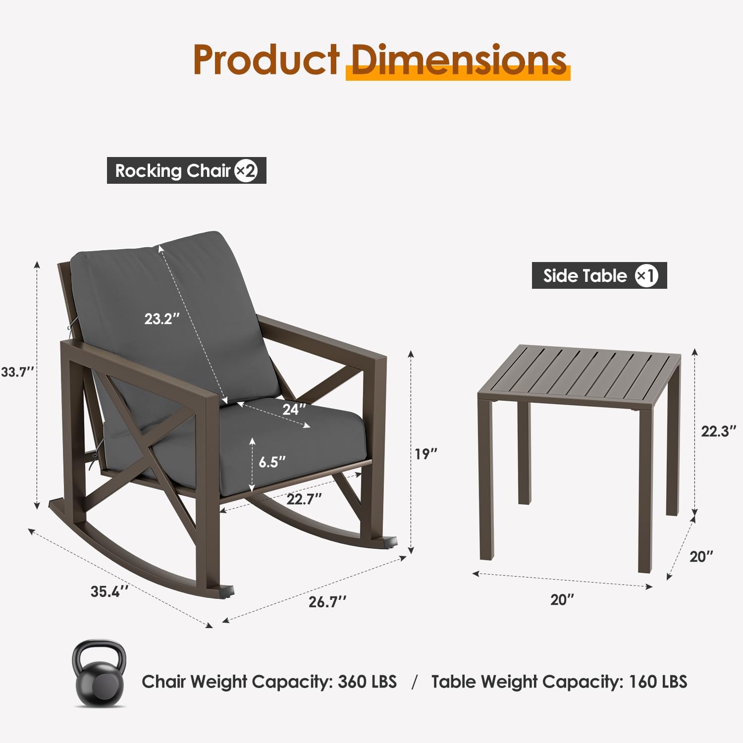 Outdoor Rocking Bistro Set, Patio Rocking Chairs Set of 2 with Coffee Table, 3 Pieces Metal Conversation Sets with 6.5' Thick Cushions for Backyard, Porch, Poolside, Oversized (Gray)