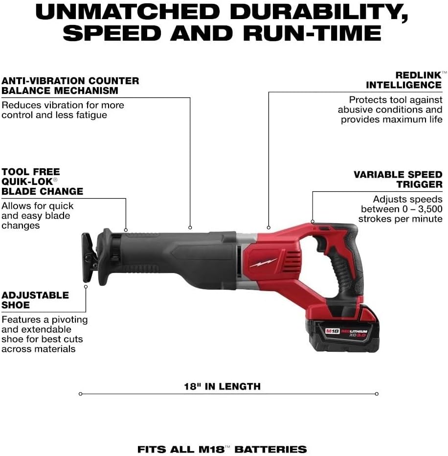 New Cordless 4 Tool Combo Kit 2696-24 for Milwaukee M18 2607-20 1/2' Hammer Drill/Driver 2620-20 Recip Saw 2656-20 1/4' Hex Impact Driver 2735-20 Work Light Kit