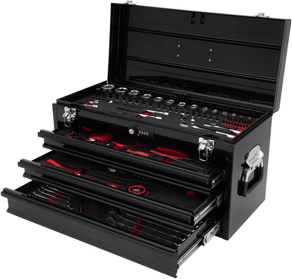 TUSK Tool Box with Tools EVA Foam Cut Outs and 129-Piece Tool Set 3-Drawer Portable Moto Box