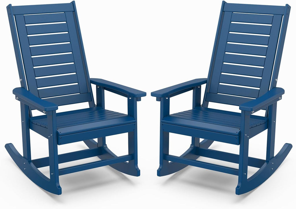 IVY&LANE Outdoor Rocking Chairs Set of 2 | Porch-Rockers | Blue | HDPE Plastic | All-Weather | High Back | Wide Seat | Oversized Patio Rocker for Adult | for Outside Deck Balcony Garden