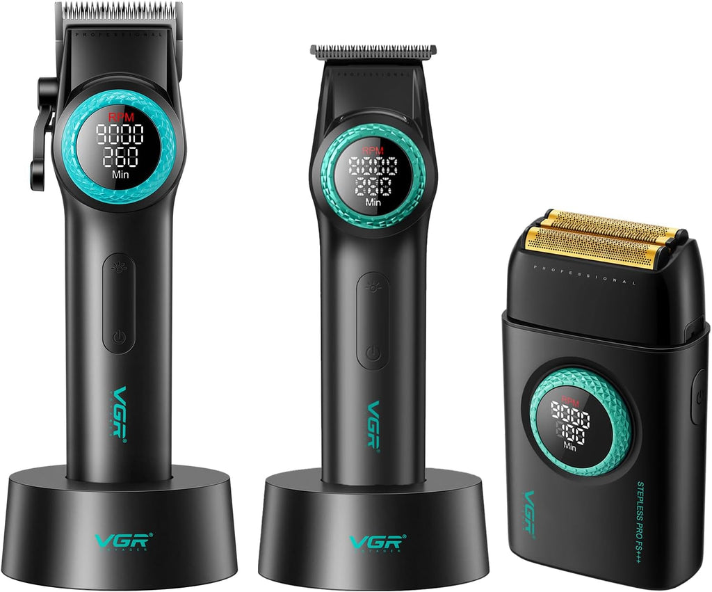 VGR Professional Hair Clippers for Men, T-Blade Trimmer Zero Gapped Cordless Barber Clippers, Triple Floating Blade Foil Shaver Men's Electric Razor, 3 Piece Men's Men's Grooming Kit with LED Display