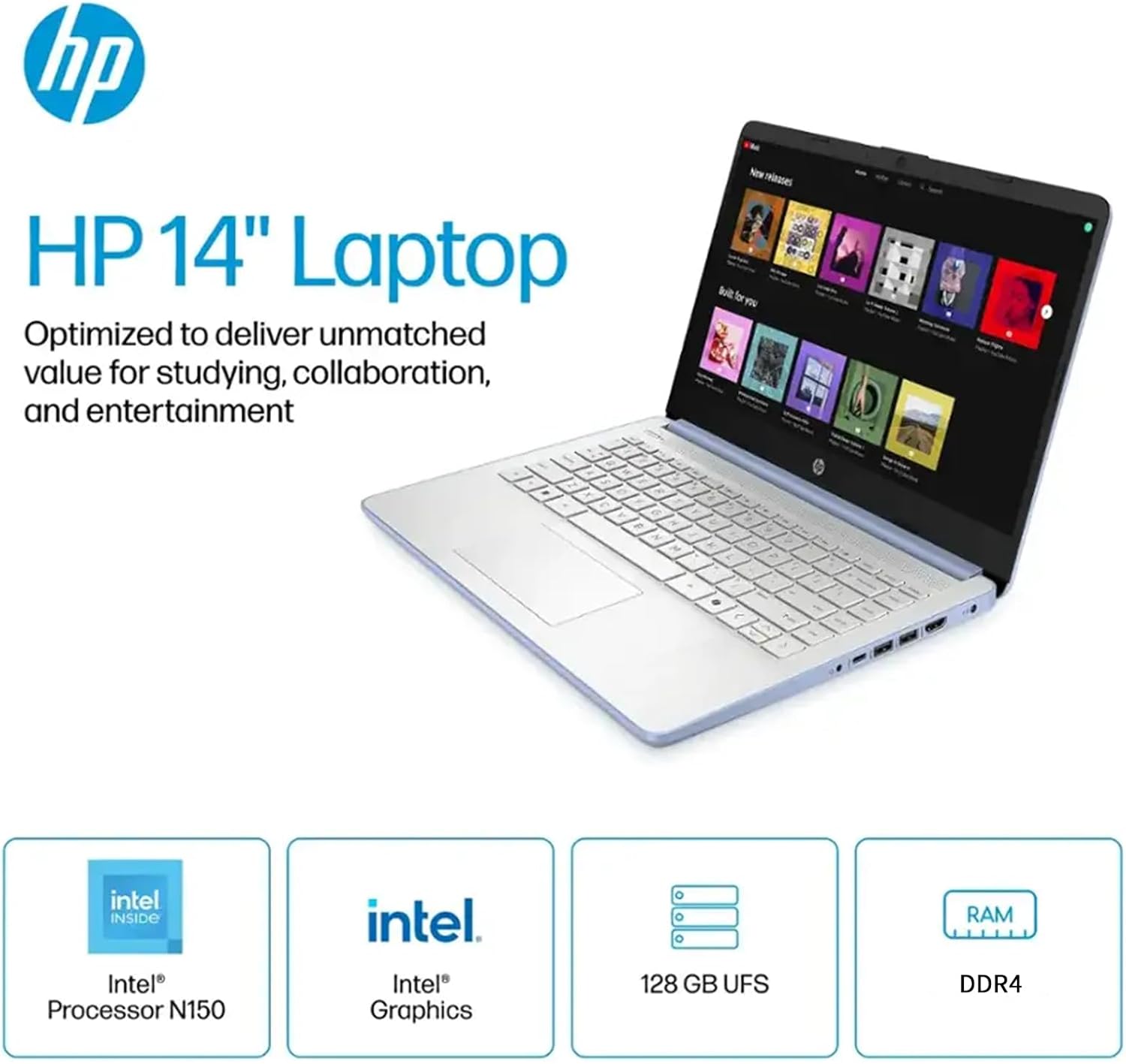 HP 14' HD Student Business Laptop, Intel Quad-Core N4120, 8GB RAM, 384GB Storage, (128GB eMMC+256GB SD Card), 1 Year Office 365, Slim Design, Webcam, HDMI, Bluetooth, WiFi, Win 11 S, Blue