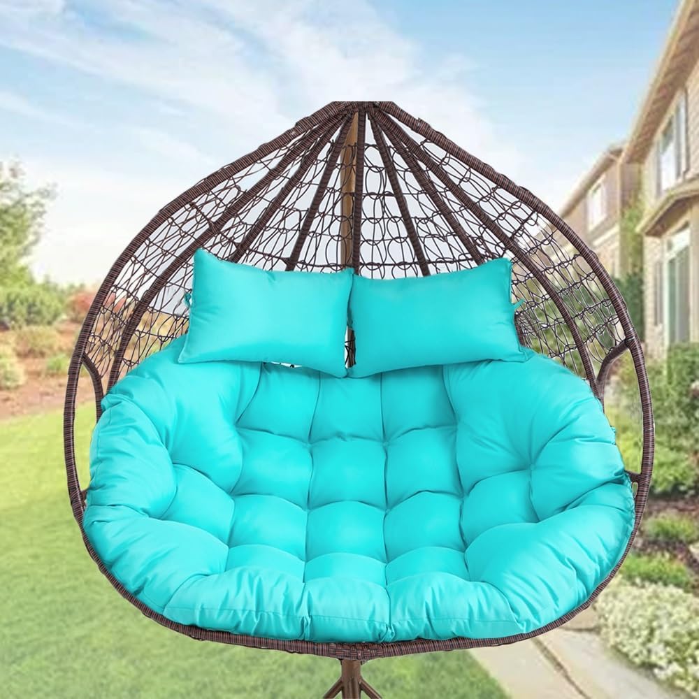 Oversized Double Papasan Chair Cushion 59 x 39 Inch (Without Chair), Outdoor Waterproof Hanging Swing Chair Cushion, Patio Swivel Rocker Chair Cushion with Headrest Pillow(Lake Blue)
