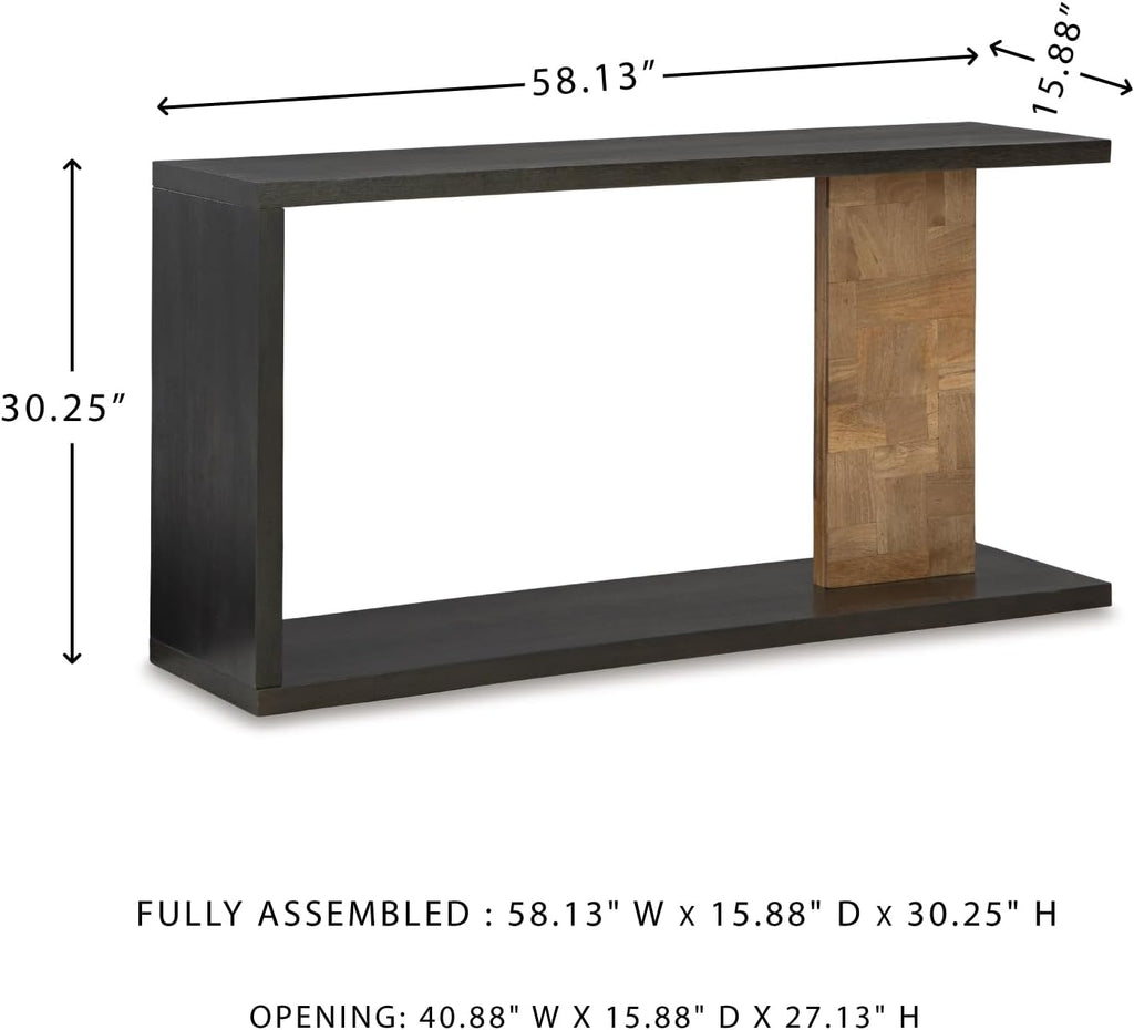 Signature Design by Ashley Camlett Contemporary Console Sofa Table with Shelf and Patchwork Patterned Support Post, Dark Brown & Light Brown