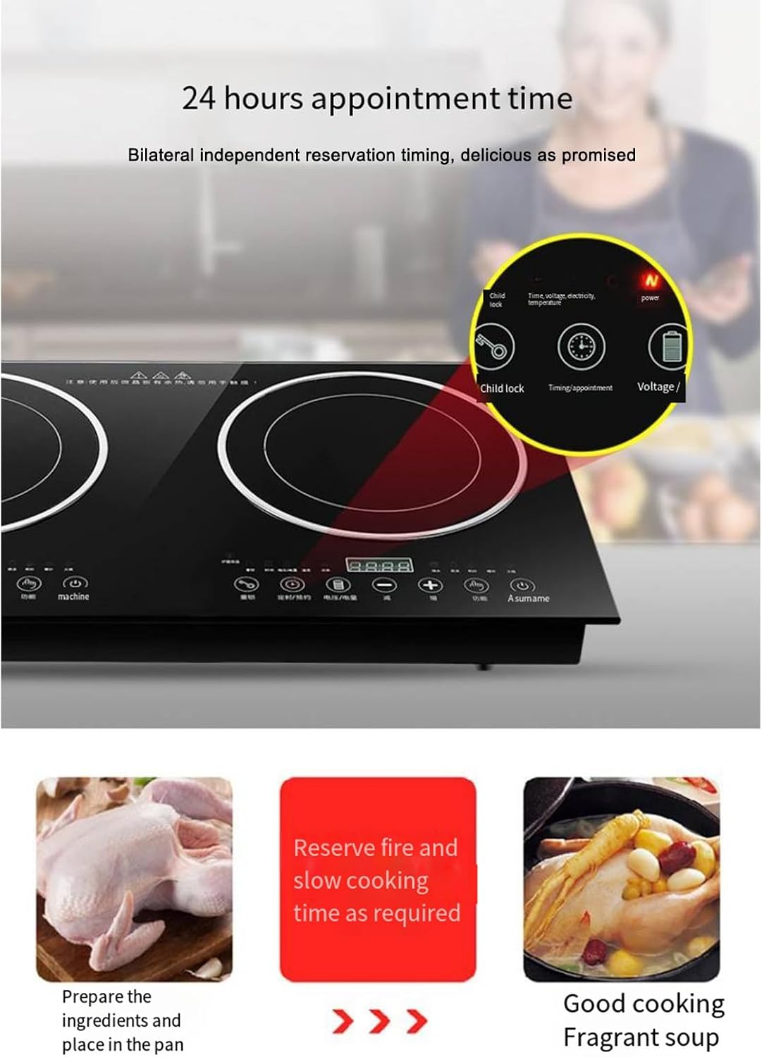 2200W Dual-Head Household Smart Induction Cooktop Independent Booking Timer 10-Speed Safety Lock Portable Induction Cooktop