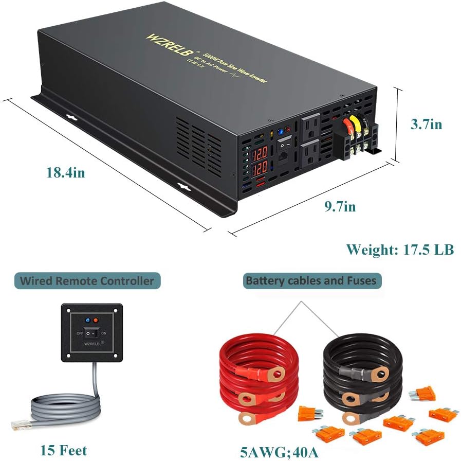 WZRELB 5000W 24VDC 120VAC Pure Sine Wave Power Inverter, 2 AC Outlets, Wired Remote Control, RV (RBP-500024WR)