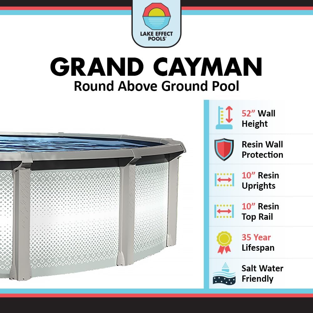 Lake Effect Pools 'Grand Cayman' 33 ft Round Above Ground Swimming Pool | 52 Inch Strong Extruded Resin Components | Bundle Includes: 25 Gauge Overlap Liner & Widemouth Skimmer
