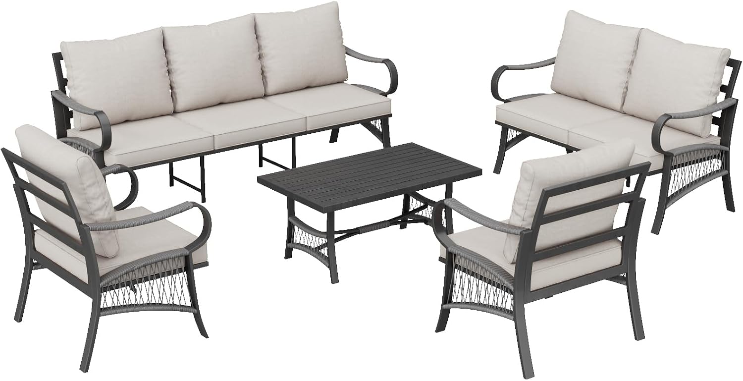 5 Piece Patio Furniture Set, 7 Seat Metal Outdoor Sectional Sofa Set with Thick Cushions, All Weather Patio Conversation Set with Coffee Table for Garden, Porch, Lawn, Beige