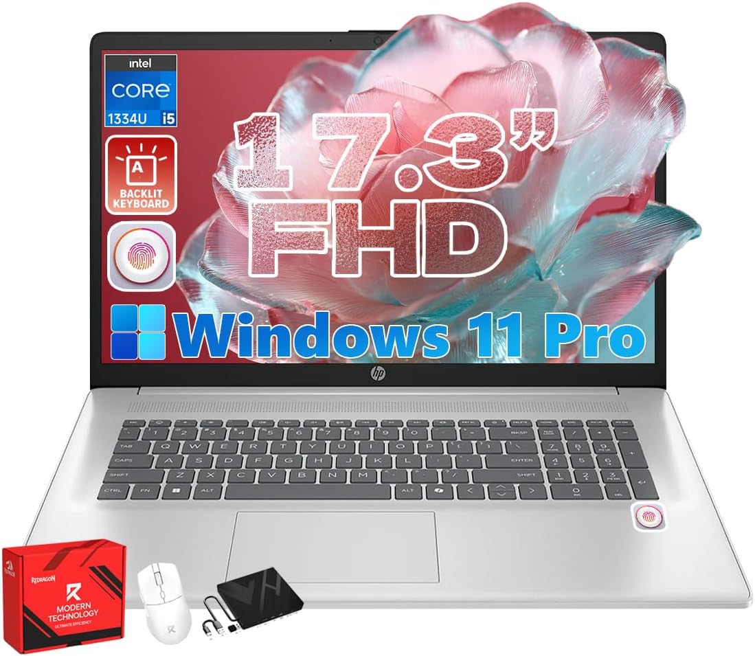 HP 2026 17.3 Flagship Laptop Computer for Business - Intel 10-Core i5 1334U(Beat i7 1355U), 16GB RAM, 512GB SSD, FHD(1920x1080), Windows 11 Pro, Backlit KB, Fingerprint, Office 365 for The Web