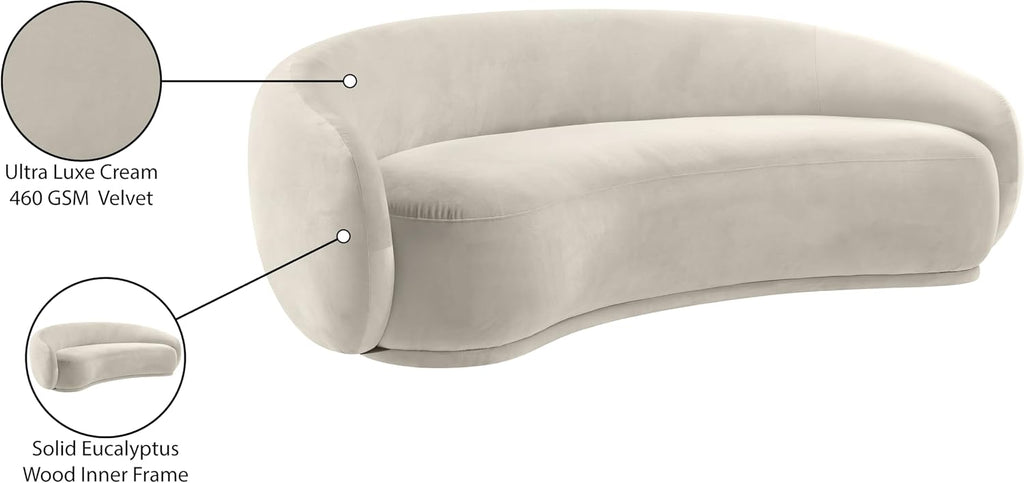 Meridian Furniture 44044Cream-S Emery Collection Modern | Contemporary Sofa with Ultra Luxe Cream 460 GSM Velvet, Solid Eucalyptus Wood Inner Frame, 95' W x 45.5' D x 31' H, Cream