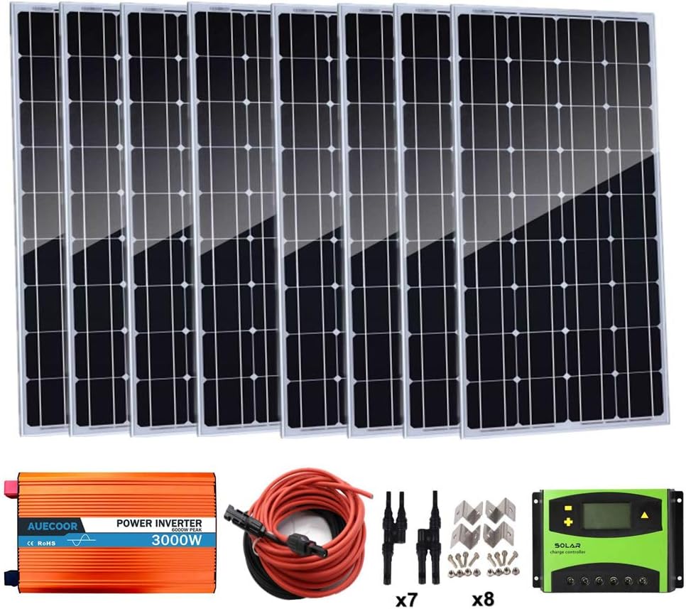 800 Watt (8 x 100 Watt) Monocrystalline Solar Panel Kit with 3000W Power Inverter (Peak 6000W) for RV, Boat, Off-Grid 12/24 Volt Battery Systems