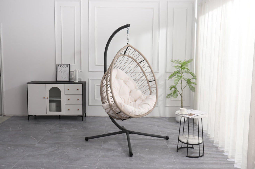 Outdoor Egg-Shaped Hanging Chairs with Stand, 350LBS Capacity Hammock Swing Chair for Patio Garden Balcony Bedroom, Foldable Rocking Chair with Removable Cushion(Beige Gray+White)