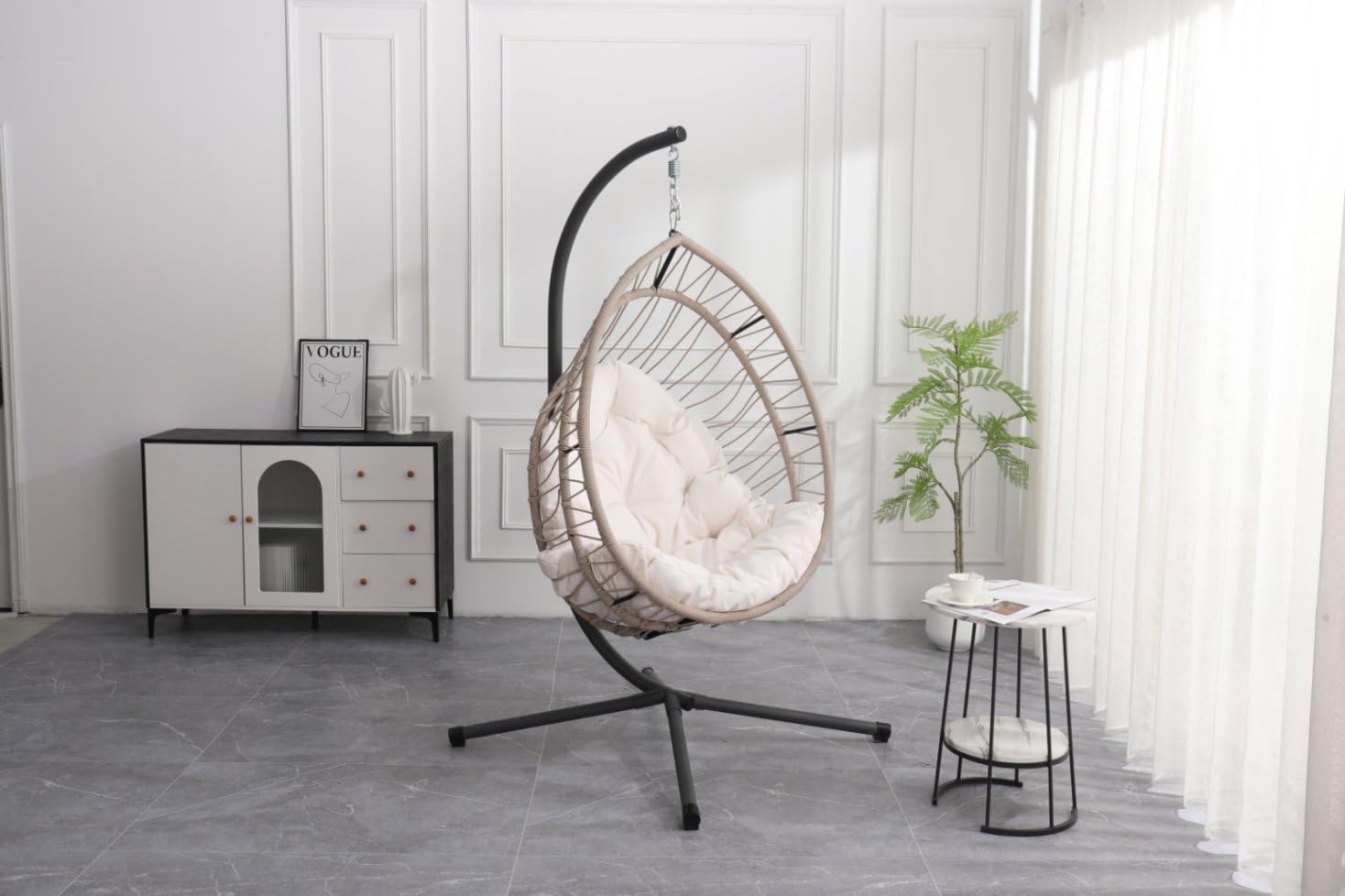 Outdoor Egg-Shaped Hanging Chairs with Stand, 350LBS Capacity Hammock Swing Chair for Patio Garden Balcony Bedroom, Foldable Rocking Chair with Removable Cushion(Beige Gray+White)