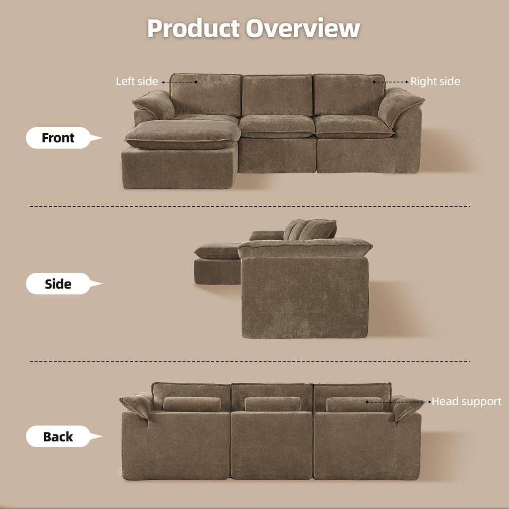 HALLYBEE 112' Cloud Couch Sectional with Padded Armrests & Moveable Ottoman Boneless Sectional Couches for Living Room Brown Couch, No Assembly Required