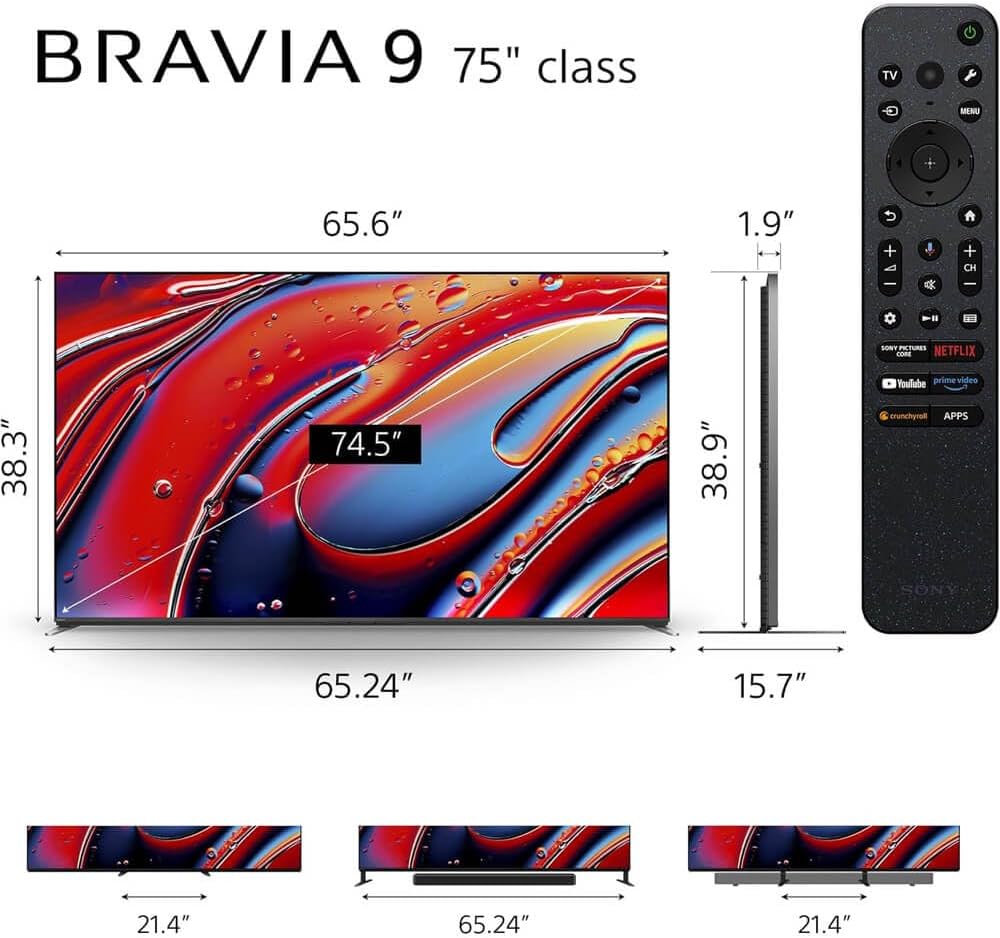 Sony BRAVIA 9 Mini LED QLED 4K HDR Google TV Bundle - XR Backlight Master Drive, Dolby Vision, 120Hz VRR w/ 24 Month CPS Protection Plan, UAX HDMI Cable, Streaming Bundle (75, Inches)