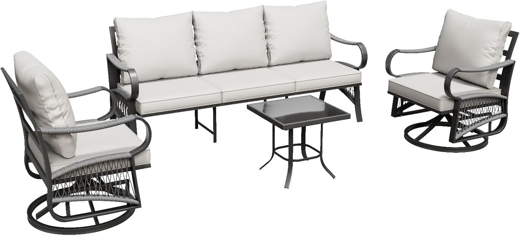 4 Piece Patio Furniture Set, All Weather Metal Outdoor Conversation Set with Swivel Chairs, Thick Cushions and Coffee Table for Garden, Porch, Lawn, Beige