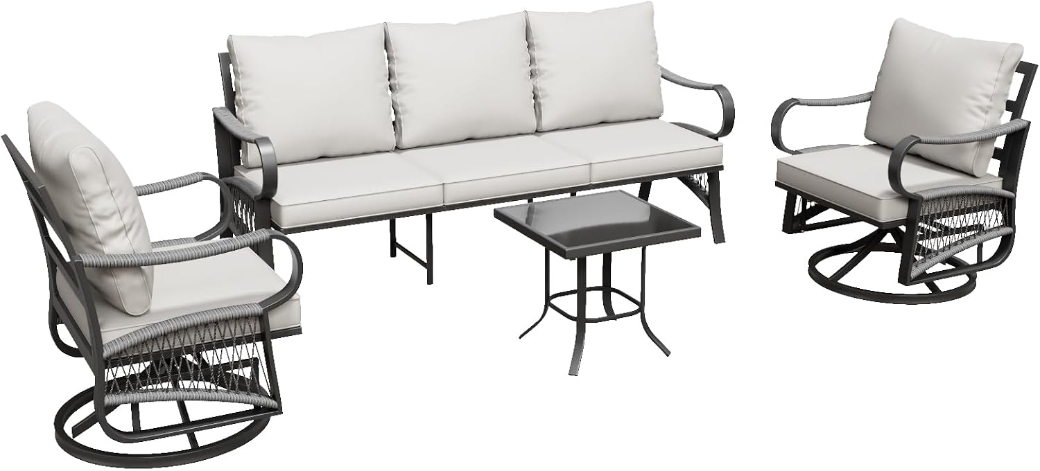 4 Piece Patio Furniture Set, All Weather Metal Outdoor Conversation Set with Swivel Chairs, Thick Cushions and Coffee Table for Garden, Porch, Lawn, Beige