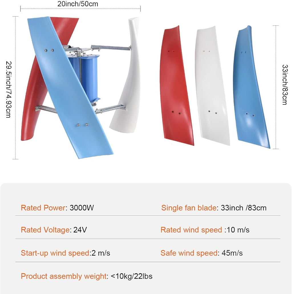 Vertical Wind Turbine | 3 Leaves Wind Powered Generator 3000W - AC Permanent Magnet Generator Kit for Home, RVs, Boats, Terraces, Cabins