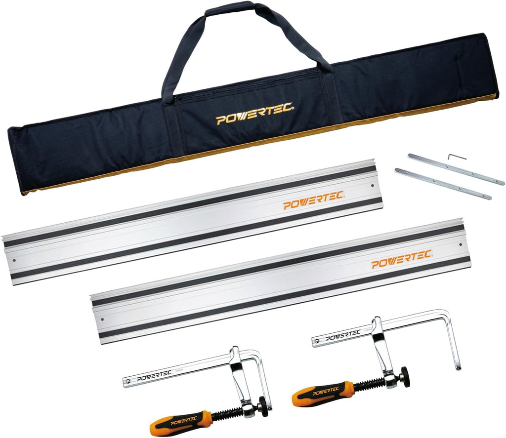 POWERTEC 72258 110' Track Saw Guide Rail Kit for Makita or Festool Track Saw| Includes 2x55 Guide Rails/Protective Guide Rail Bag/Rail Connectors and 2pc Quick Screw Guide Rail Clamps 5-3/8' Capacity