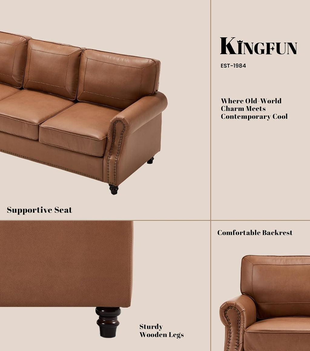 Kingfun Mid-Century Modern Couch, Faux Leather Sofa Set, 3 Seater Couch for Living Room with Rolled arms & Nailhead Trim,Brown