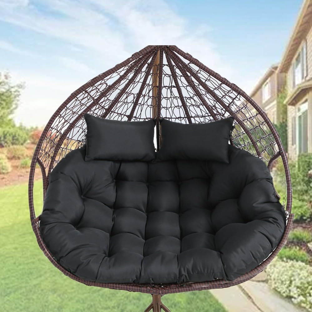 Oversized Double Papasan Chair Cushion 59 x 39 Inch (Without Chair), Outdoor Waterproof Hanging Swing Chair Cushion, Patio Swivel Rocker Chair Cushion with Headrest Pillow(Black)