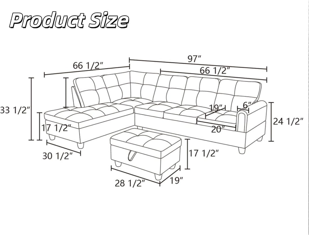 L-Shaped Sectional Sofa with Movable Chaise & Storage Ottoman, Lounge 3-Piece Modular Convertible Couches for Living Room, Apartment & Office, Blackish Gray