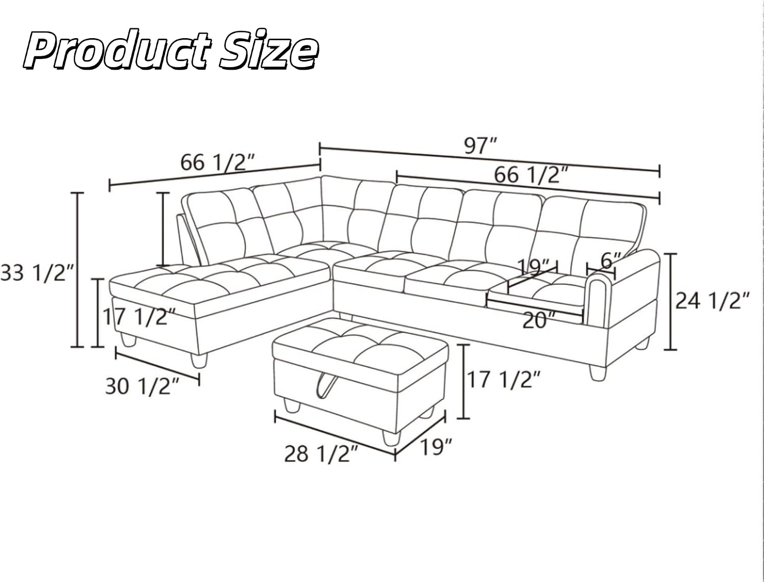 L-Shaped Sectional Sofa with Movable Chaise & Storage Ottoman, Lounge 3-Piece Modular Convertible Couches for Living Room, Apartment & Office, Blackish Gray