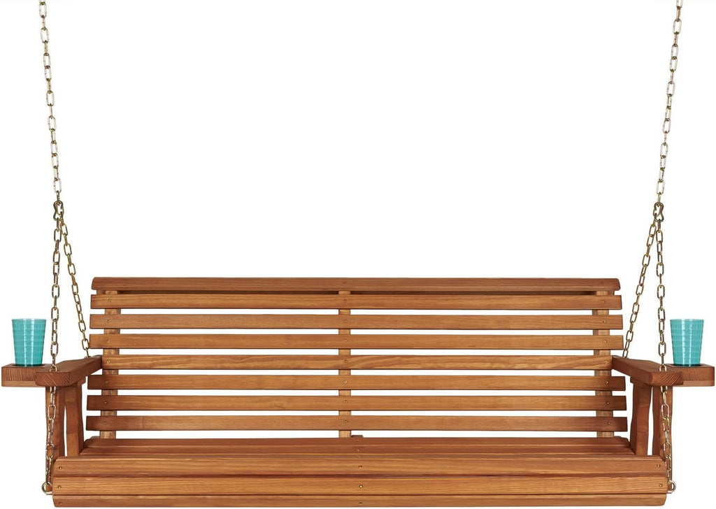 Amish Casual Heavy Duty 700 Lb Capacity Porch Swing with Cup Holders (5 Foot, Cedar Stain) – Wooden Outdoor Roll Back Swing with Hanging Chains – Amish Made in the USA