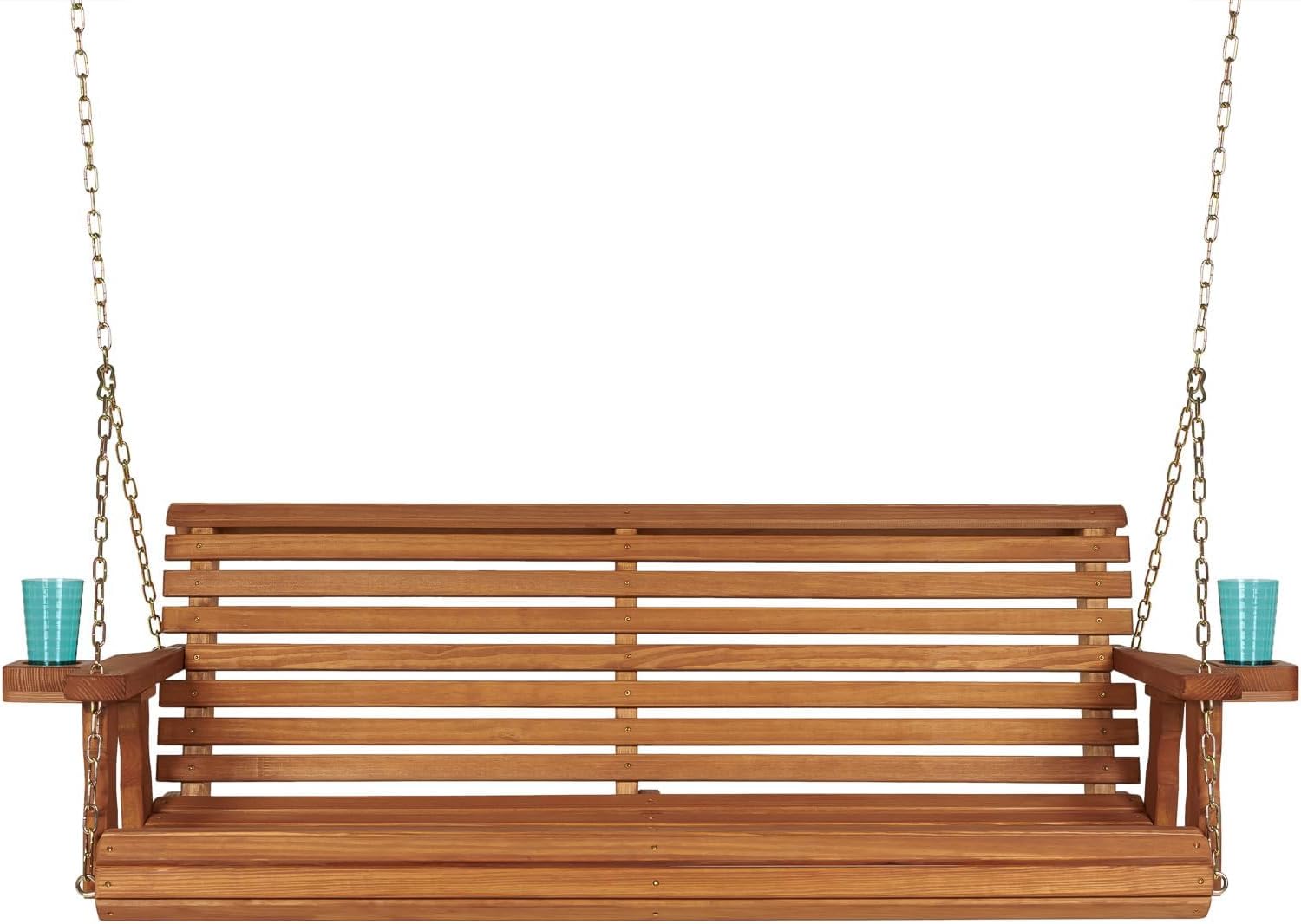 Amish Casual Heavy Duty 700 Lb Capacity Porch Swing with Cup Holders (5 Foot, Cedar Stain) – Wooden Outdoor Roll Back Swing with Hanging Chains – Amish Made in the USA