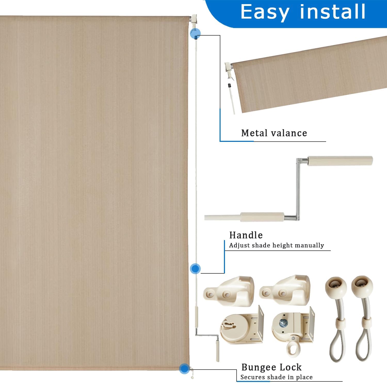 8' W x 8' H Outdoor Roller Shade with Crank Handle, Cordless Patio Sun Shade for Porch, Gazebo, Pergola, Beige UV Blocking Exterior Blinds