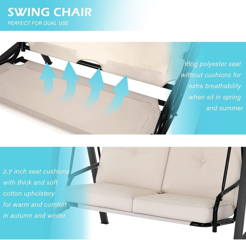 AECOJOY 2-Seat Outdoor Patio Swing Chair with Adjustable Canopy, Porch Swings Chairs for Adult, Outside Swing Bench with Removable Cushion, Suitable for Backyard, Garden, Yard, Poolside, Balcon,Beige