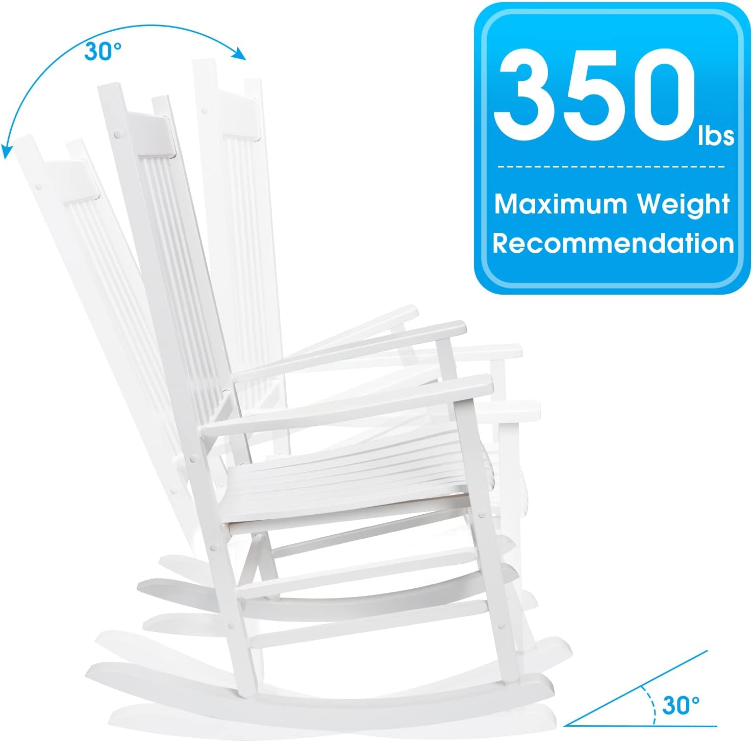 Rocking Chair Wooden Frame Chair Indoor and Outdoor Fade Resistant Rocker with 350lbs Weight Capacity All Weather Porch Rocker for Garden Lawn Balcony Backyard and Patio Porch (1, White)