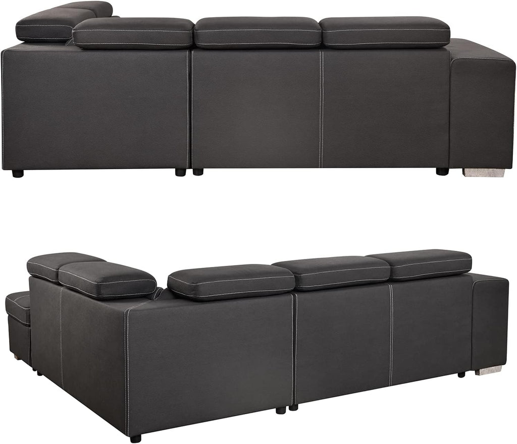 THSUPER 104'' Microfiber L Shaped Sectional Sleeper Sofa Couch with Pull Out Bed and Storage Ottoman, Convertible Couches with Adjustable Headrest for Living Room, Right Facing Chaise. Charcoal Grey