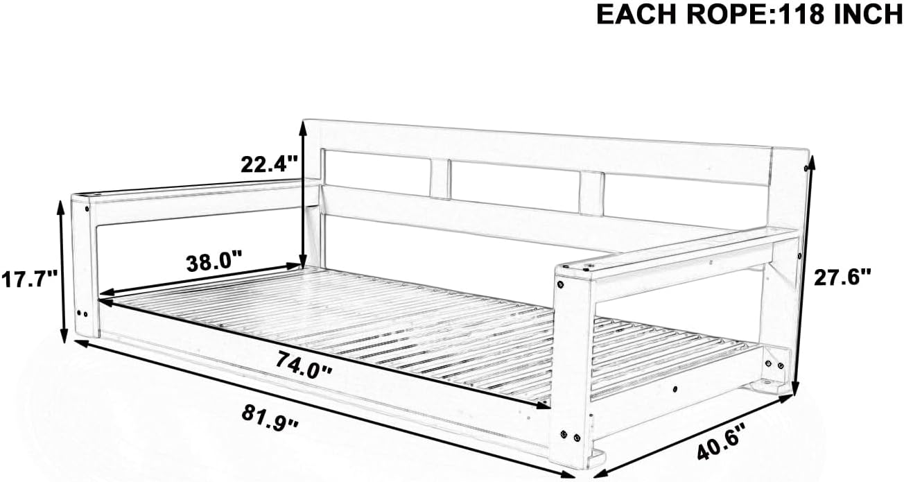 RuiSiSi Twin Size Porch Swing Daybed Frame, Outdoor Porch Swing Chair, Framhouse Hanging Bench with 4 Hanging Ropes for Garden, Backyard, Patio, Natural