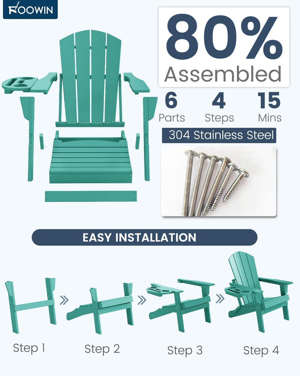 FOOWIN Folding Adirondack Chair Set of 4, HDPE Adirondack Chairs with Cup Holder, Weather Resistant Plastic Fire Pit Chairs for Outdoor, Patio, Lawn, Garden, Backyard, Deck, Lake Blue