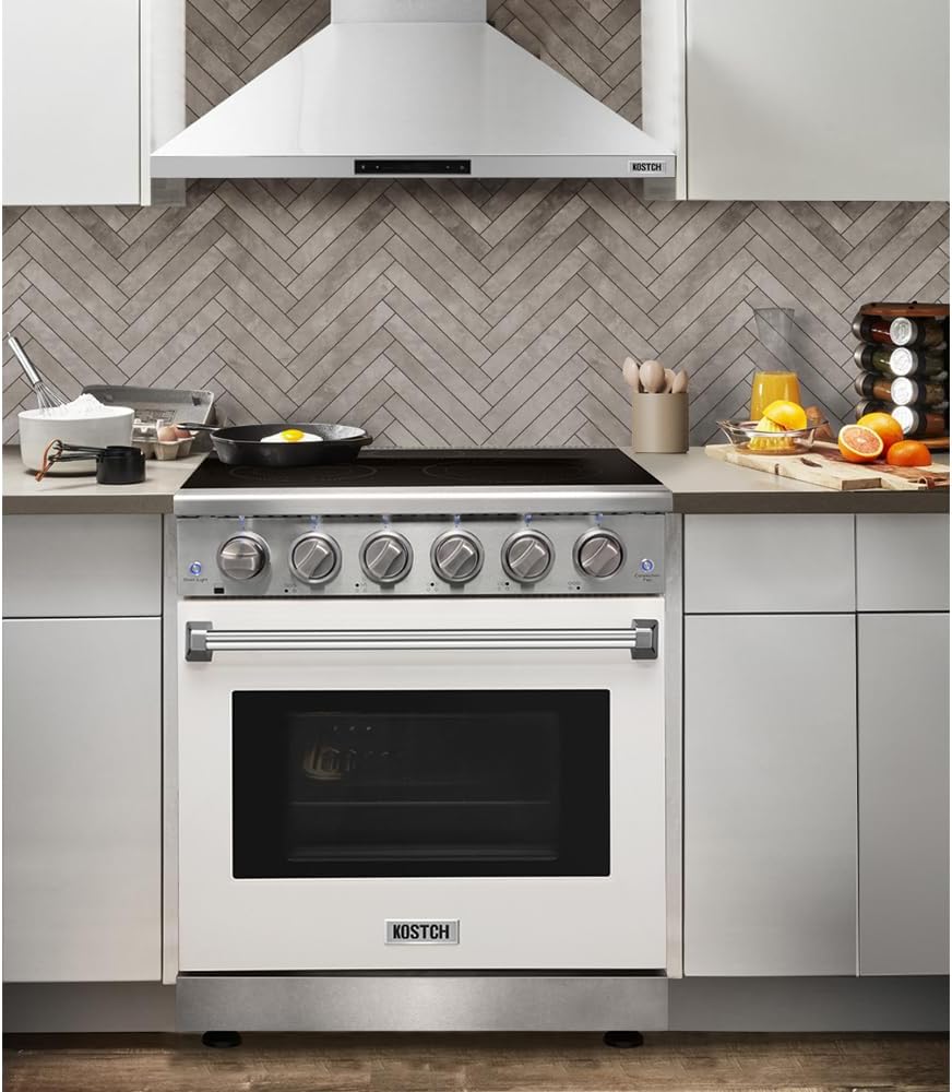 KOSTCH 30 inch Professional Electric Range with 5 Heating Elements Cooktop, 4.55 Cu. Ft. Convection Oven Capacity, Smooth Glass Top, in Stainless Steel, KOS-30RE06H (White)