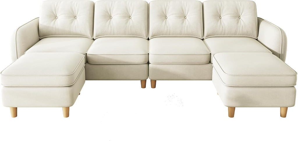 DWVO 107'' Modular Sectional Sofa, 6-Seater Sectional Couch with Curved Armrests and 4 Pillows, Convertible U Shaped Couch with High-Density Memory Foam for Living Room, Beige