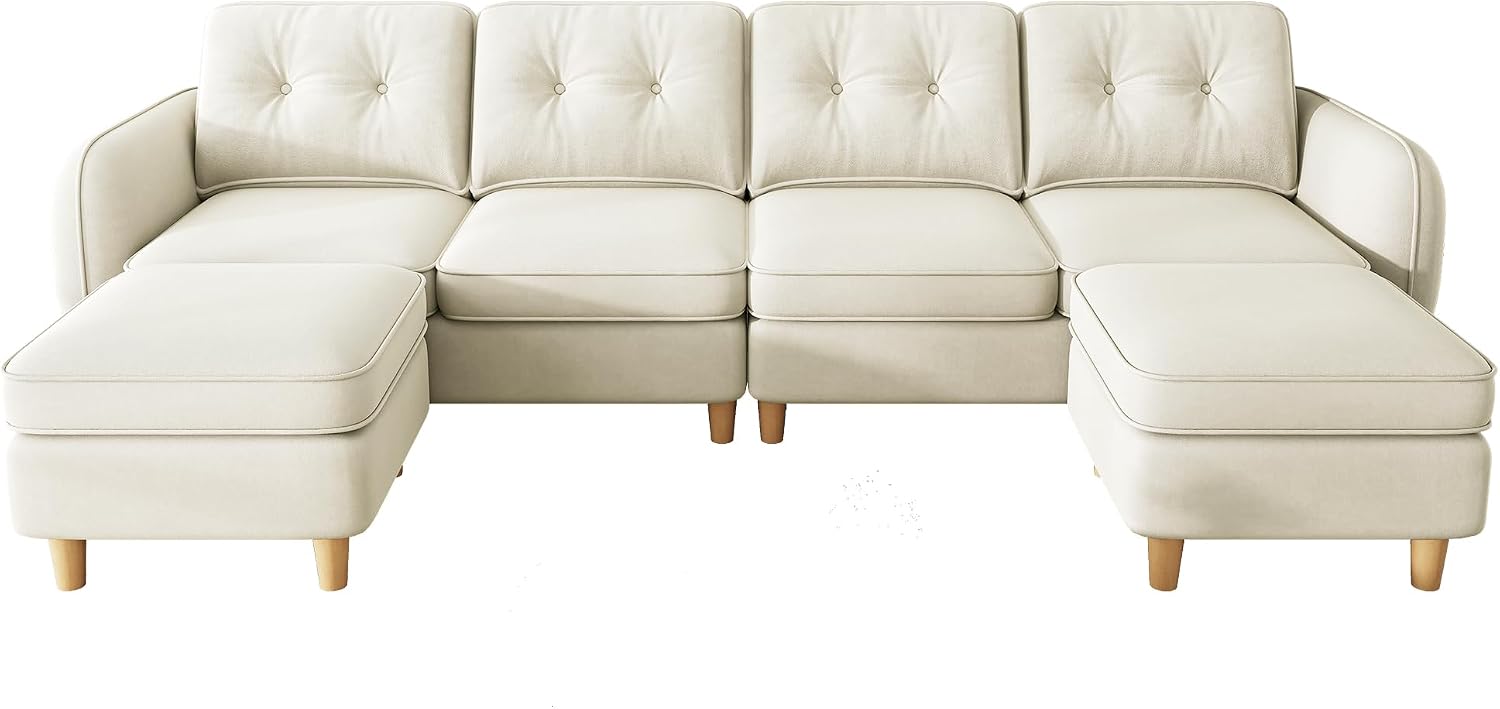 DWVO 107'' Modular Sectional Sofa, 6-Seater Sectional Couch with Curved Armrests and 4 Pillows, Convertible U Shaped Couch with High-Density Memory Foam for Living Room, Beige