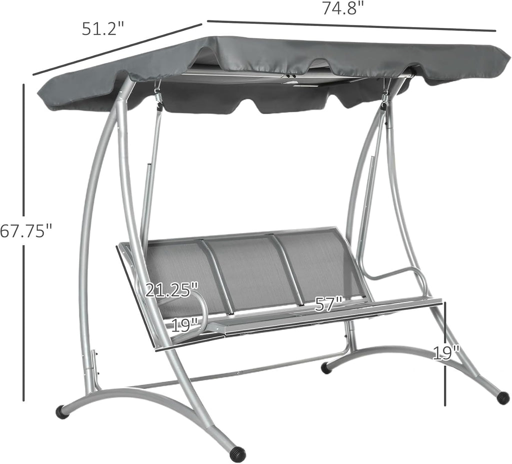 Outsunny 3-Seat Outdoor Porch Swing Chair, Patio Swing Glider with Adjustable Canopy, Breathable Seat, and Steel Frame for Garden, Poolside, Backyard, Gray