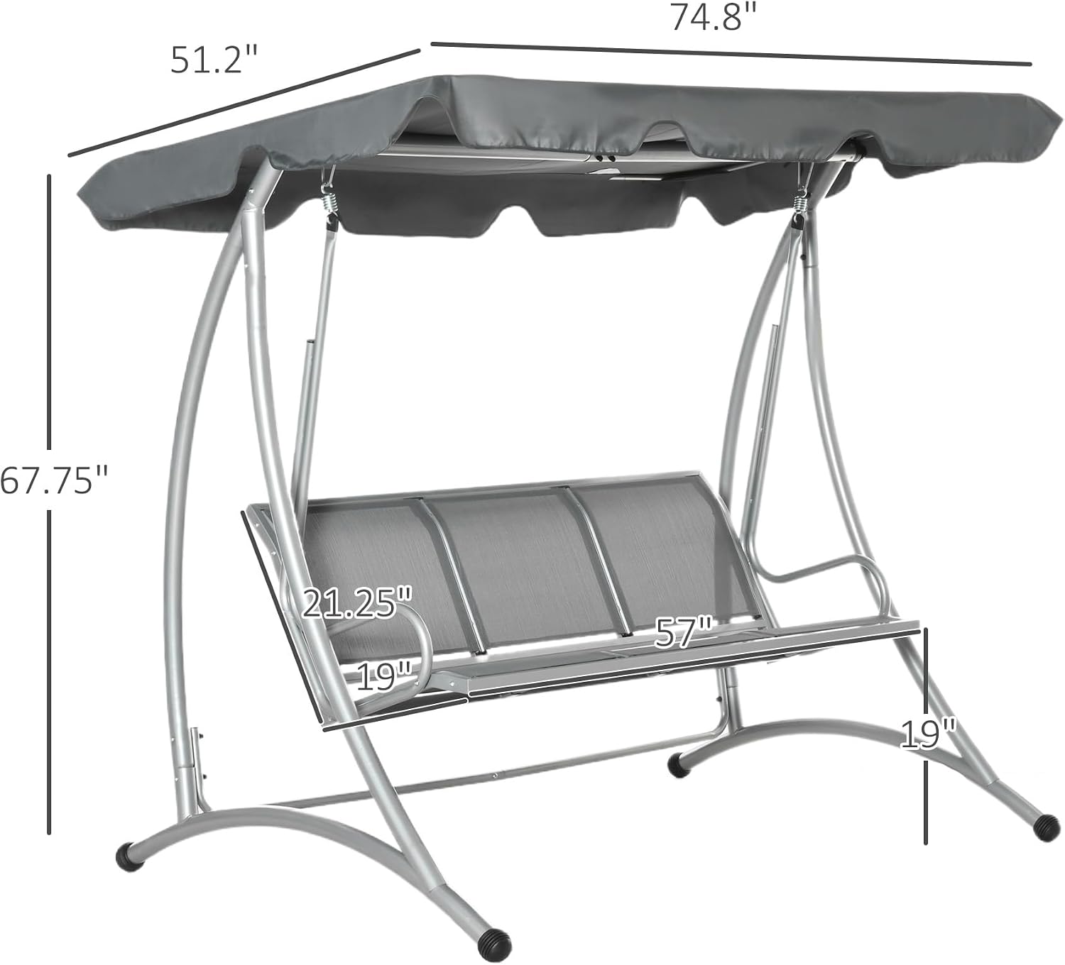 Outsunny 3-Seat Outdoor Porch Swing Chair, Patio Swing Glider with Adjustable Canopy, Breathable Seat, and Steel Frame for Garden, Poolside, Backyard, Gray