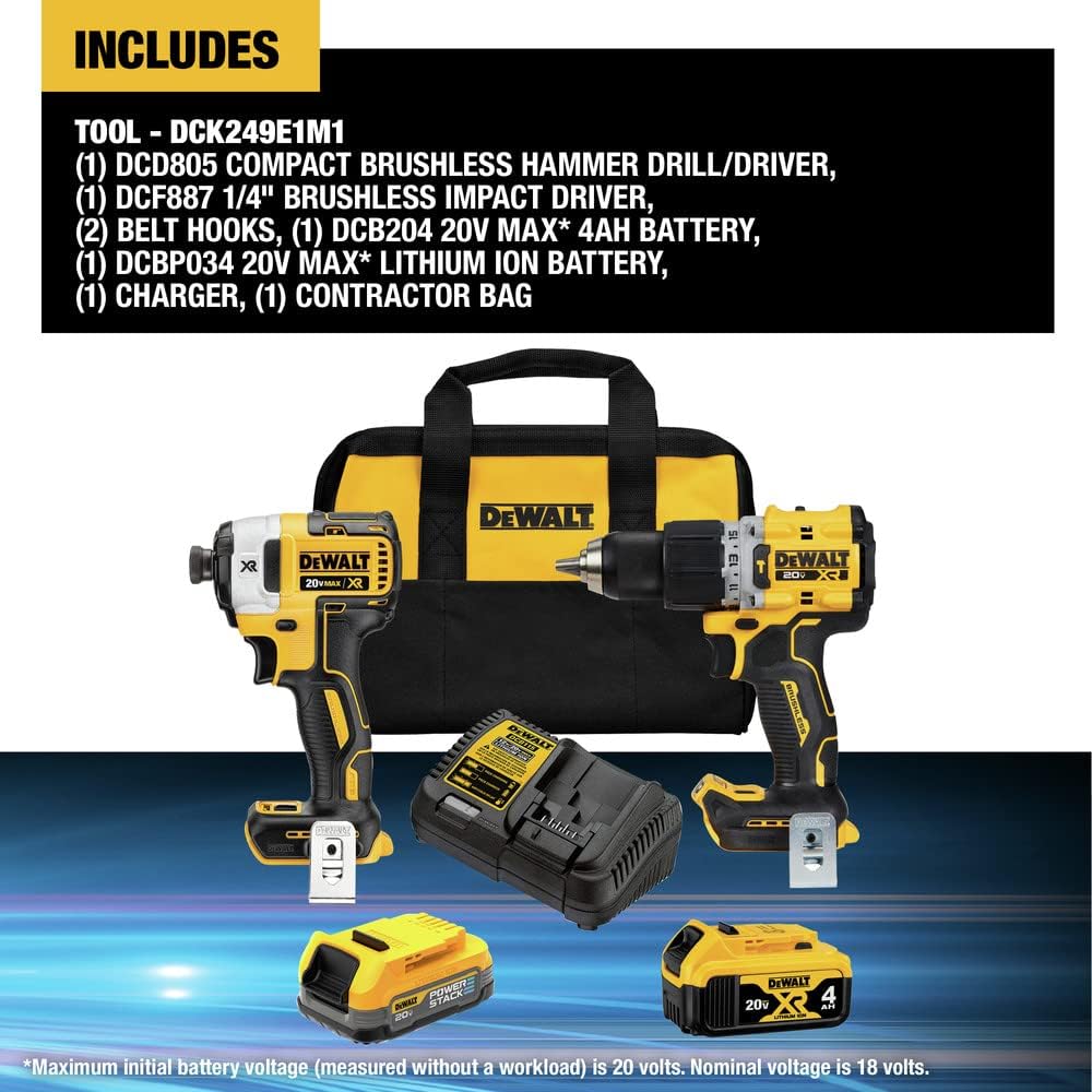 Dewalt DCK249E1M1R 20V MAX XR Brushless Lithium-Ion 1/2 in. Cordless Hammer Drill Driver and Impact Driver Combo Kit with (1) 1.7 Ah and (1) 4 Ah Battery (Renewed)