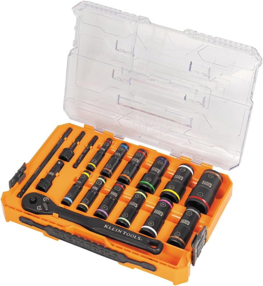 Klein Tools 65626 KNECT Deep Well Impact Socket Set, 3/8-Inch Drive Ratchet, 24 SAE and Metric Flip Socket Sizes, MODbox Case
