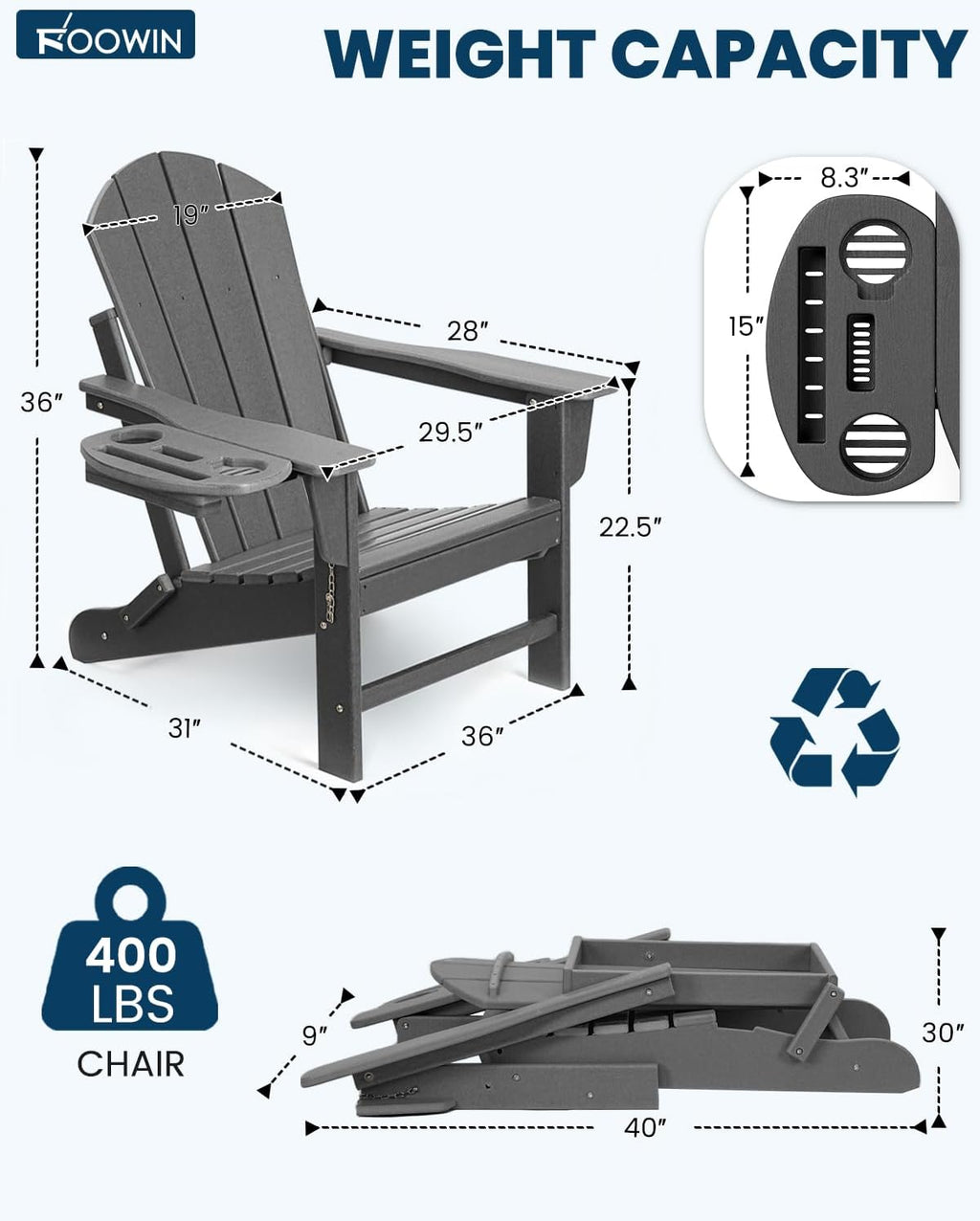 FOOWIN Folding Adirondack Chair, HDPE Adirondack Chairs with Cup Holder, Weather Resistant Plastic Fire Pit Chairs for Outdoor, Patio, Lawn, Garden, Backyard, Deck, Grey
