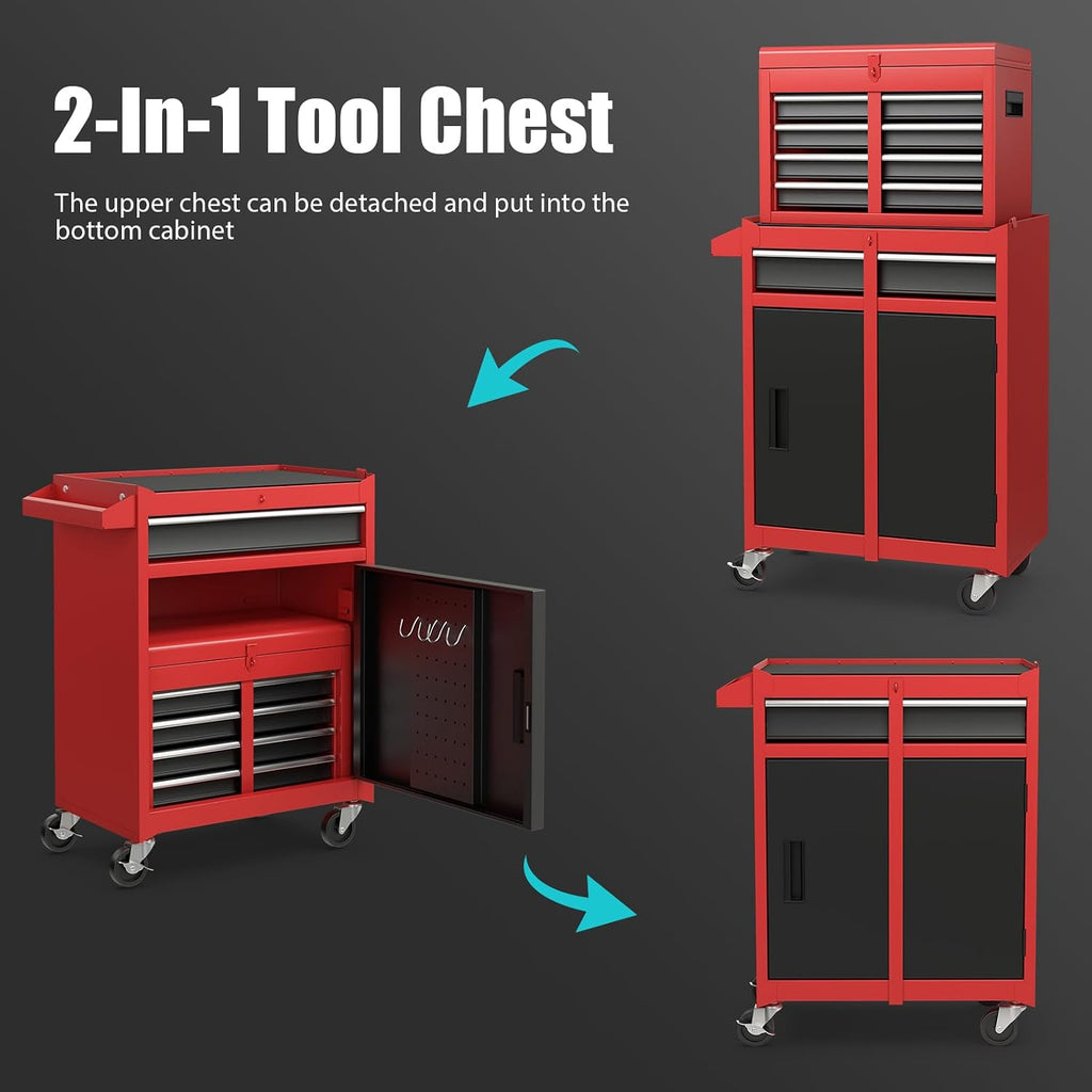 Goplus Tool Chest, 5-Drawer Rolling Tool Storage Cabinet with Detachable Top Tool Box, Liner, Universal Lockable Wheels, Adjustable Shelf, Locking Mechanism, Metal Tool Cart for Garage Workshop