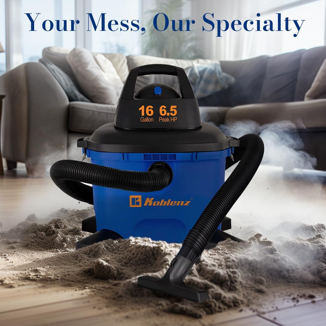 Koblenz WD-16 L4 Wet Dry Vacuum Cleaner, 16 Gallon Wet Dry Vac, 6.5 PHP, 3-in-1 Suction & Blower, Click-N-Lock Hose, Drain Plug, Big Vacuum Cleaner for Carpet & Floors, Swivel Casters, Black/Blue