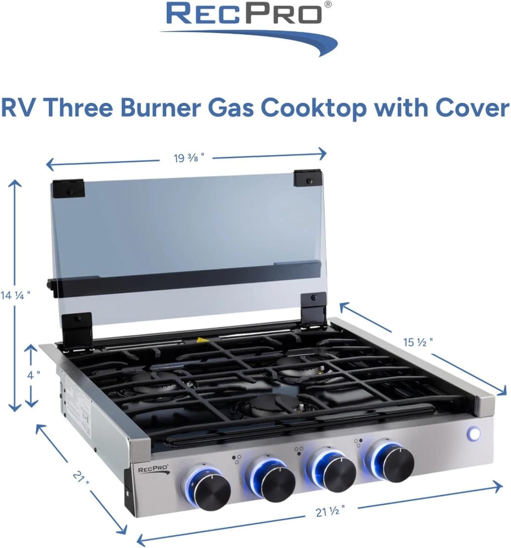 RecPro RV Built In Gas Cooktop | 2 Burner or 3 Burner | RV Cooktop Stove | 6,500 and 8,000 BTU Burners | Cover Included (Stainless Steel, 3-Burner)