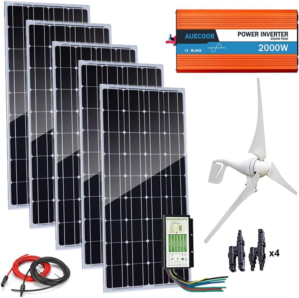 900W Hybrid System : 5X 100w Monocrystalline Solar Panel+1x400W Wind Turbine Generator + 2000W(Peak 4000W) Off Grid Inverter for Charging 12V/24V Battery