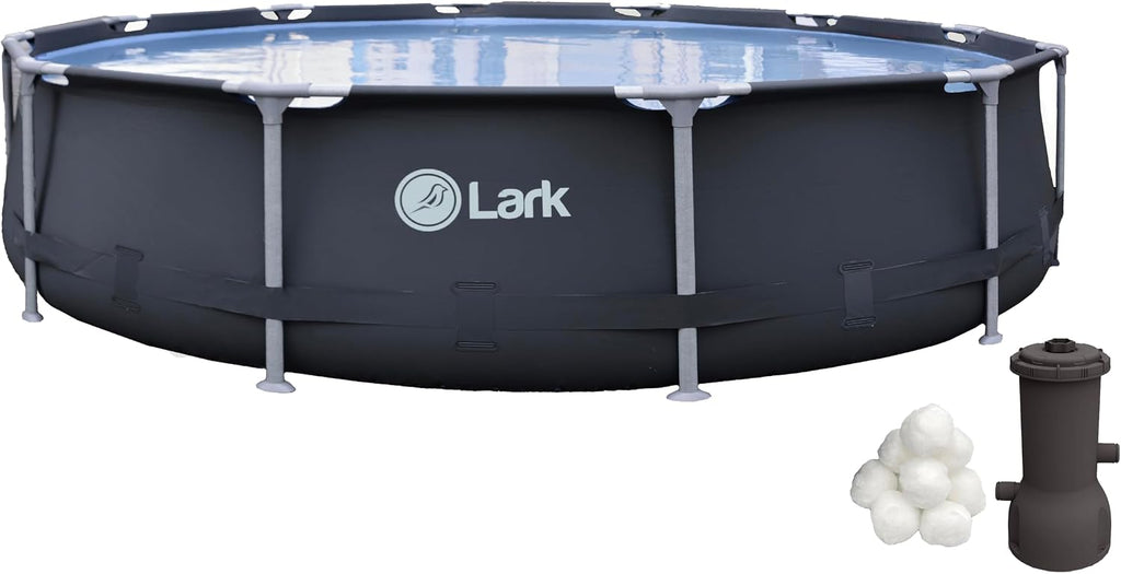 Lark Rust Proof 12' ft. x 30' inch Fiber Glass Frame Above Ground Swimming Pool - Graphite Pool Color with 530 Gallon Filtration Pump System and Filter Ball Technology